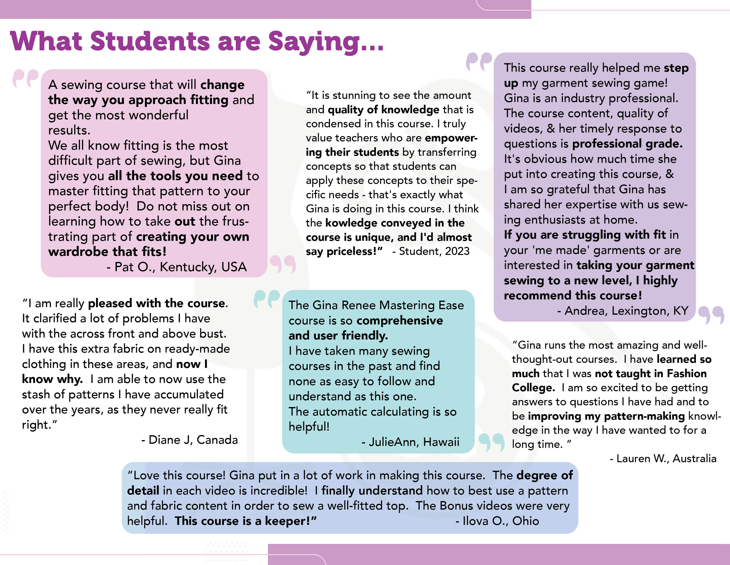 Quotes of what students have said about the mastering garment ease course
